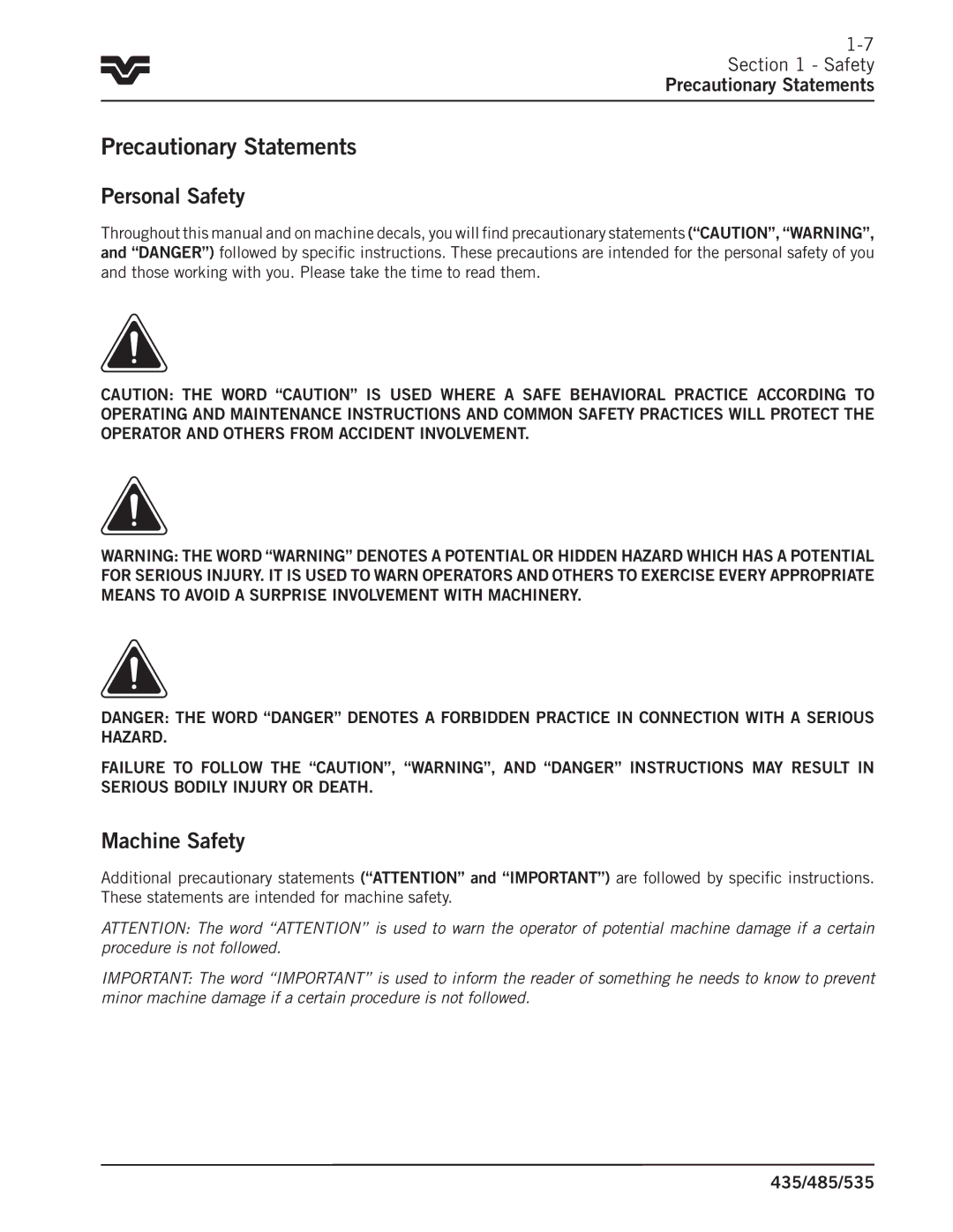 Buhler 435, 485, 535 manual Personal Safety, Machine Safety, Safety Precautionary Statements 