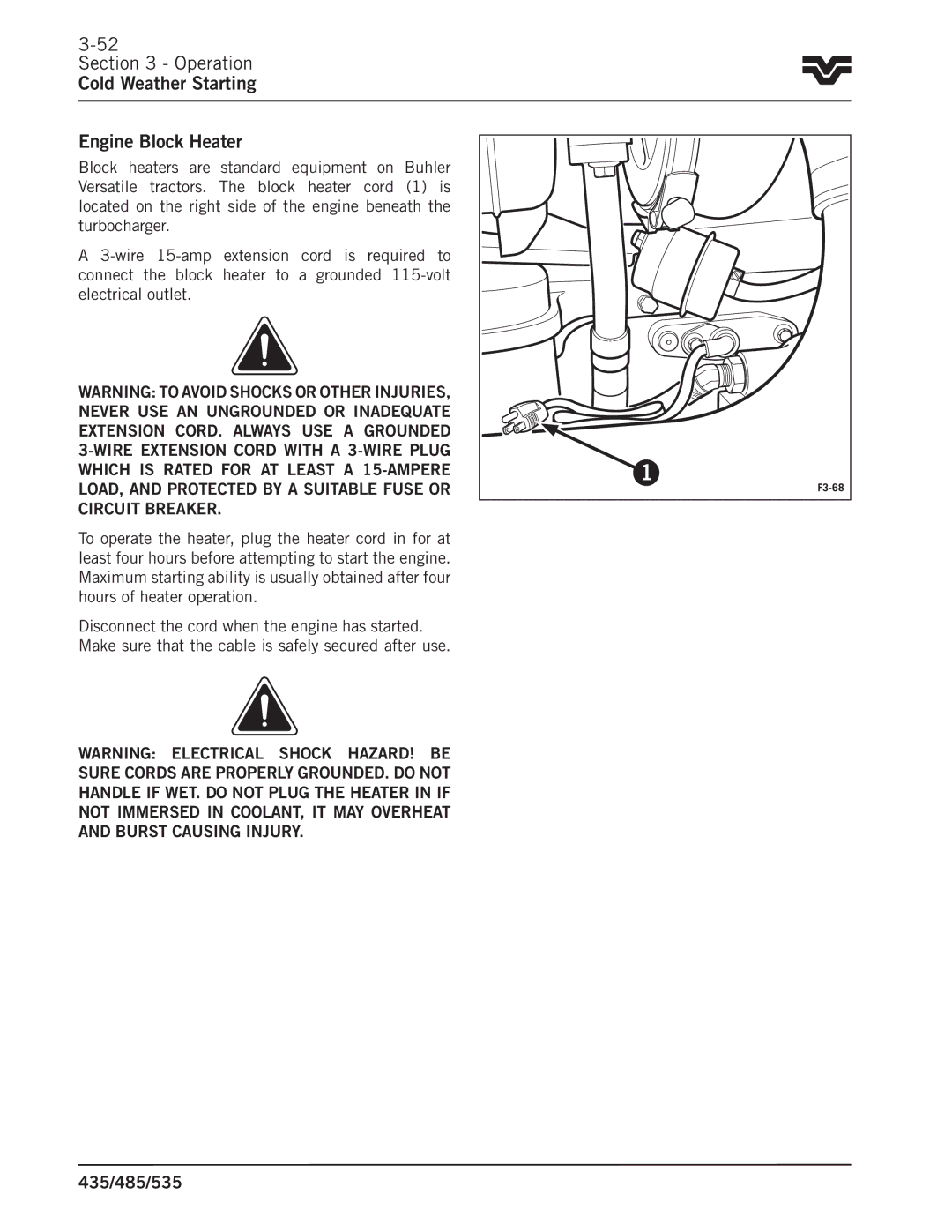 Buhler 485, 535, 435 manual Operation Cold Weather Starting Engine Block Heater 