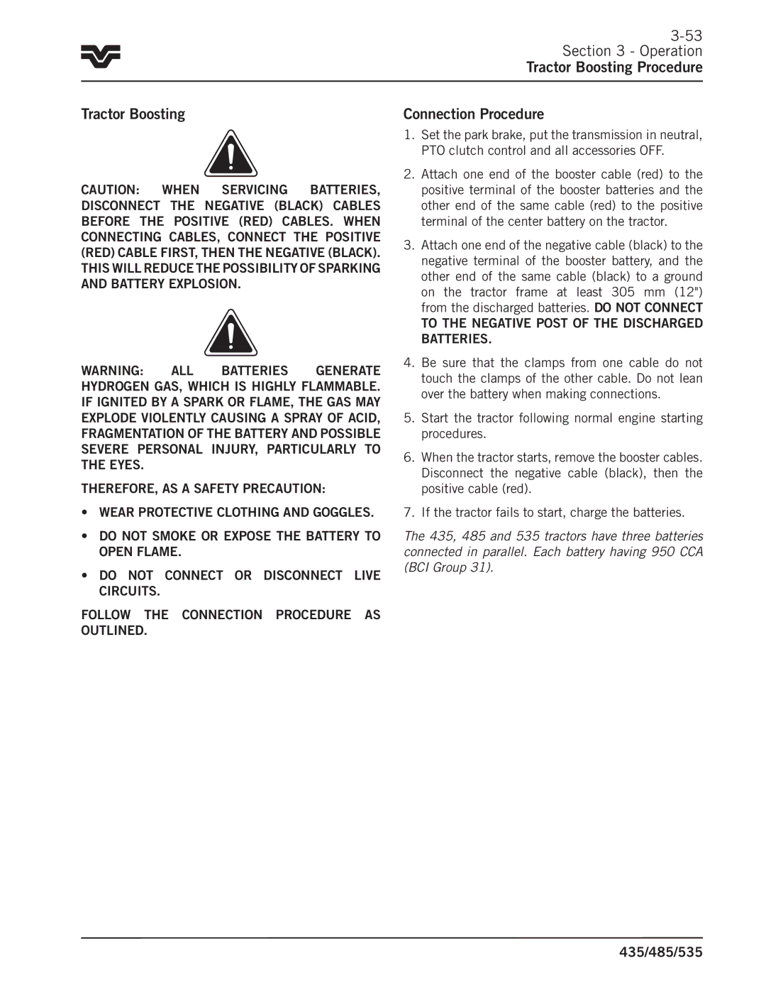 Buhler 535, 485, 435 manual Operation Tractor Boosting Procedure, Connection Procedure 