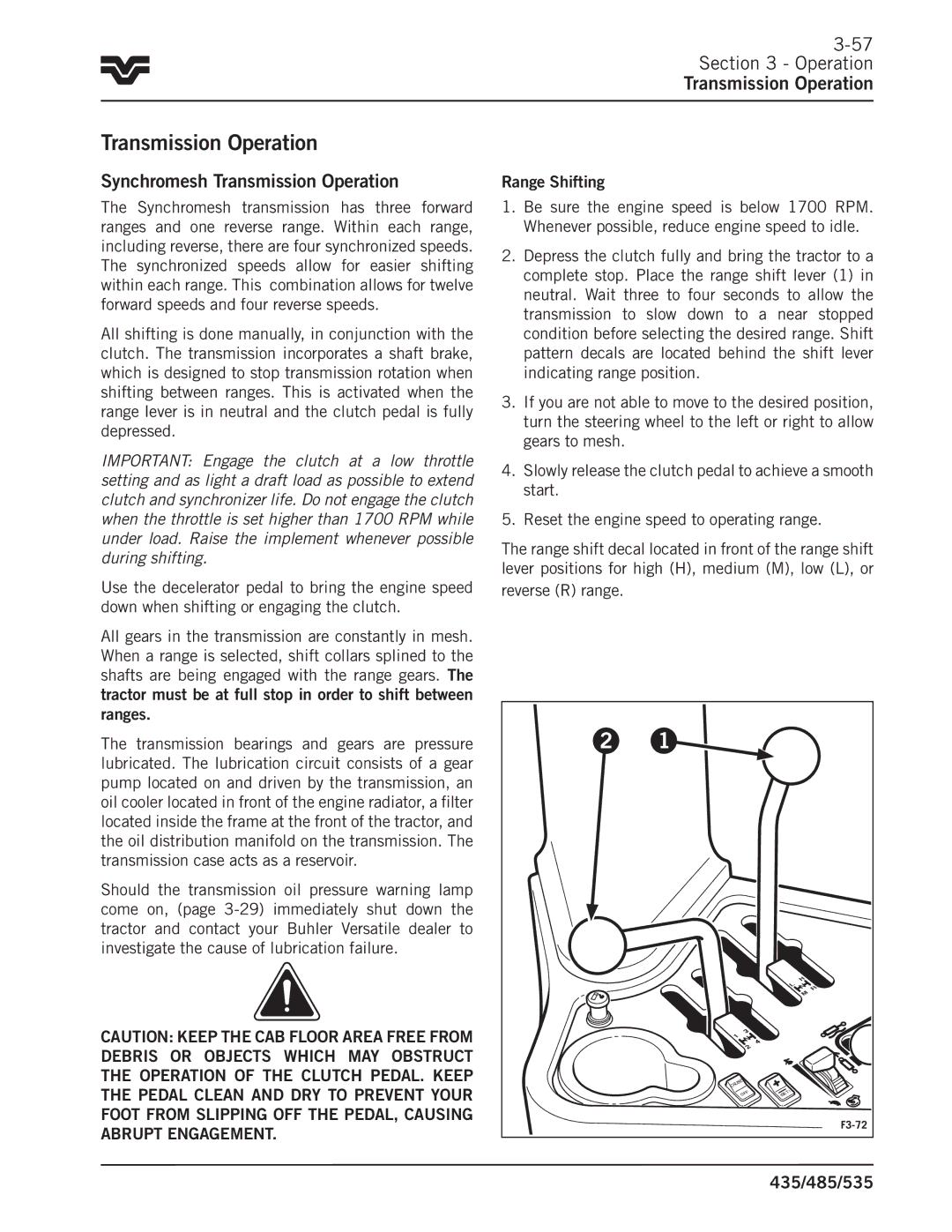 Buhler 435, 485, 535 manual Operation Transmission Operation, Synchromesh Transmission Operation, Reverse R range 