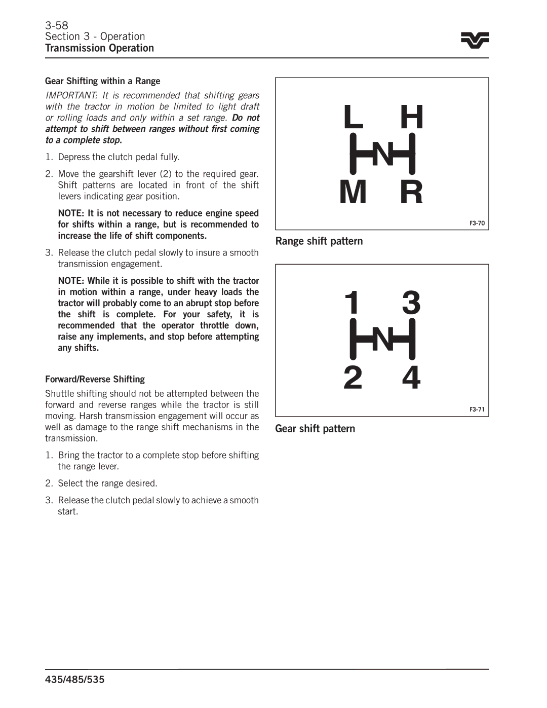 Buhler 485, 535, 435 manual Range shift pattern, Gear shift pattern, Gear Shifting within a Range 