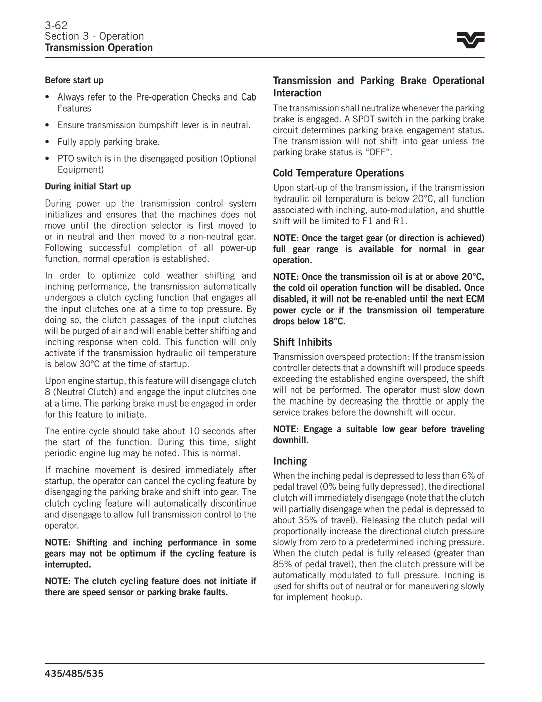 Buhler 535 Transmission and Parking Brake Operational Interaction, Cold Temperature Operations, Shift Inhibits, Inching 