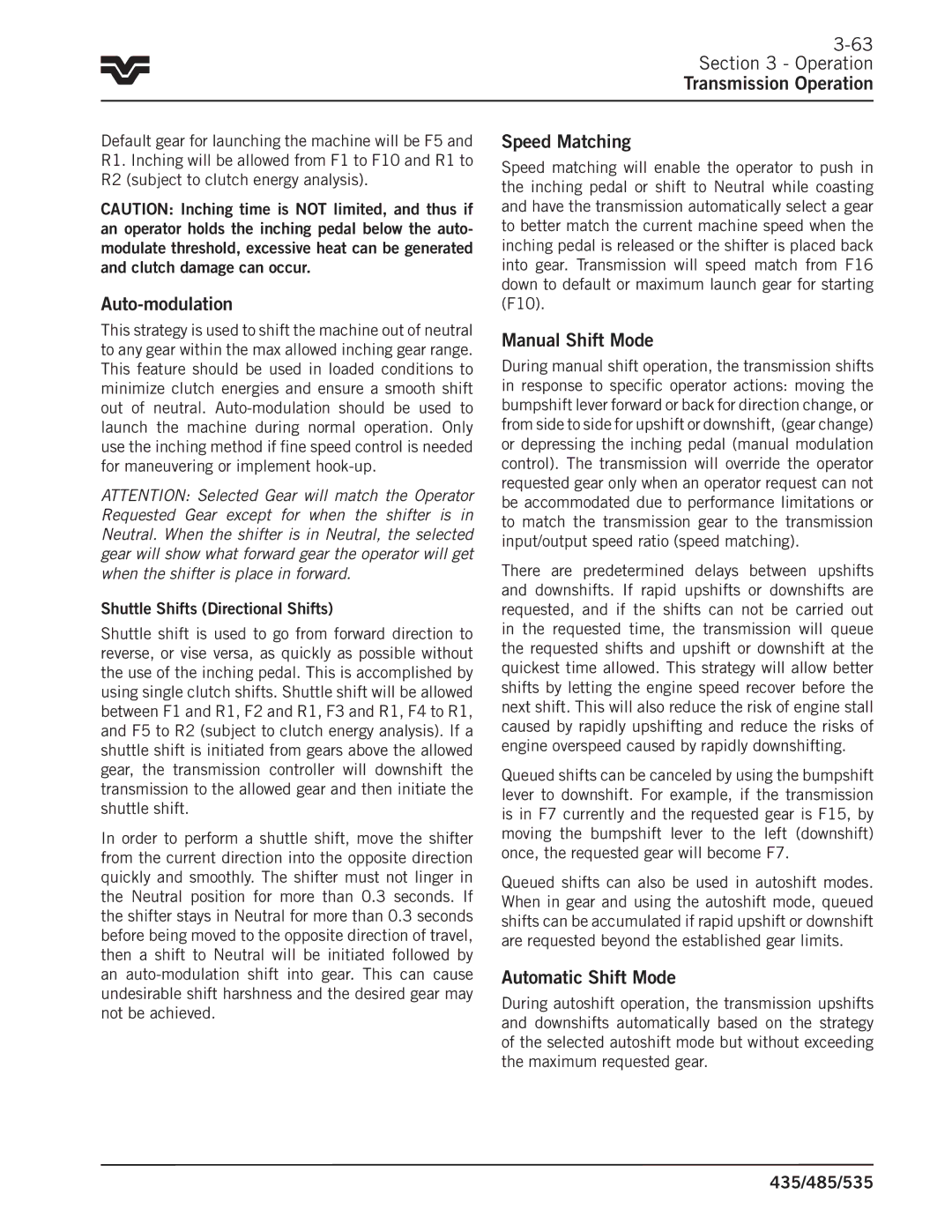 Buhler 435 Auto-modulation, Speed Matching, Manual Shift Mode, Automatic Shift Mode, Shuttle Shifts Directional Shifts 