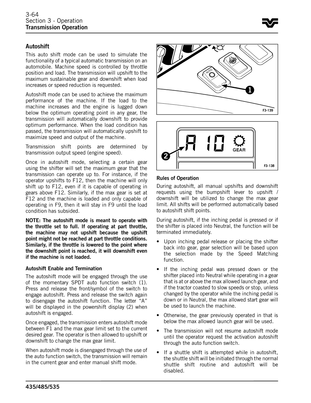 Buhler 485, 535, 435 manual Operation Transmission Operation Autoshift 