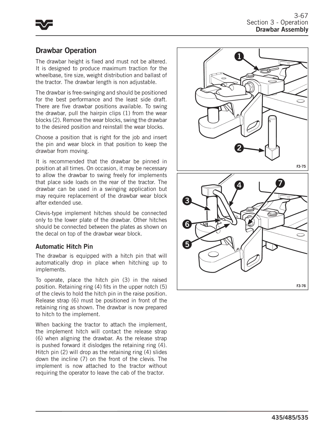 Buhler 485, 535, 435 manual Drawbar Operation, Operation Drawbar Assembly, Automatic Hitch Pin 