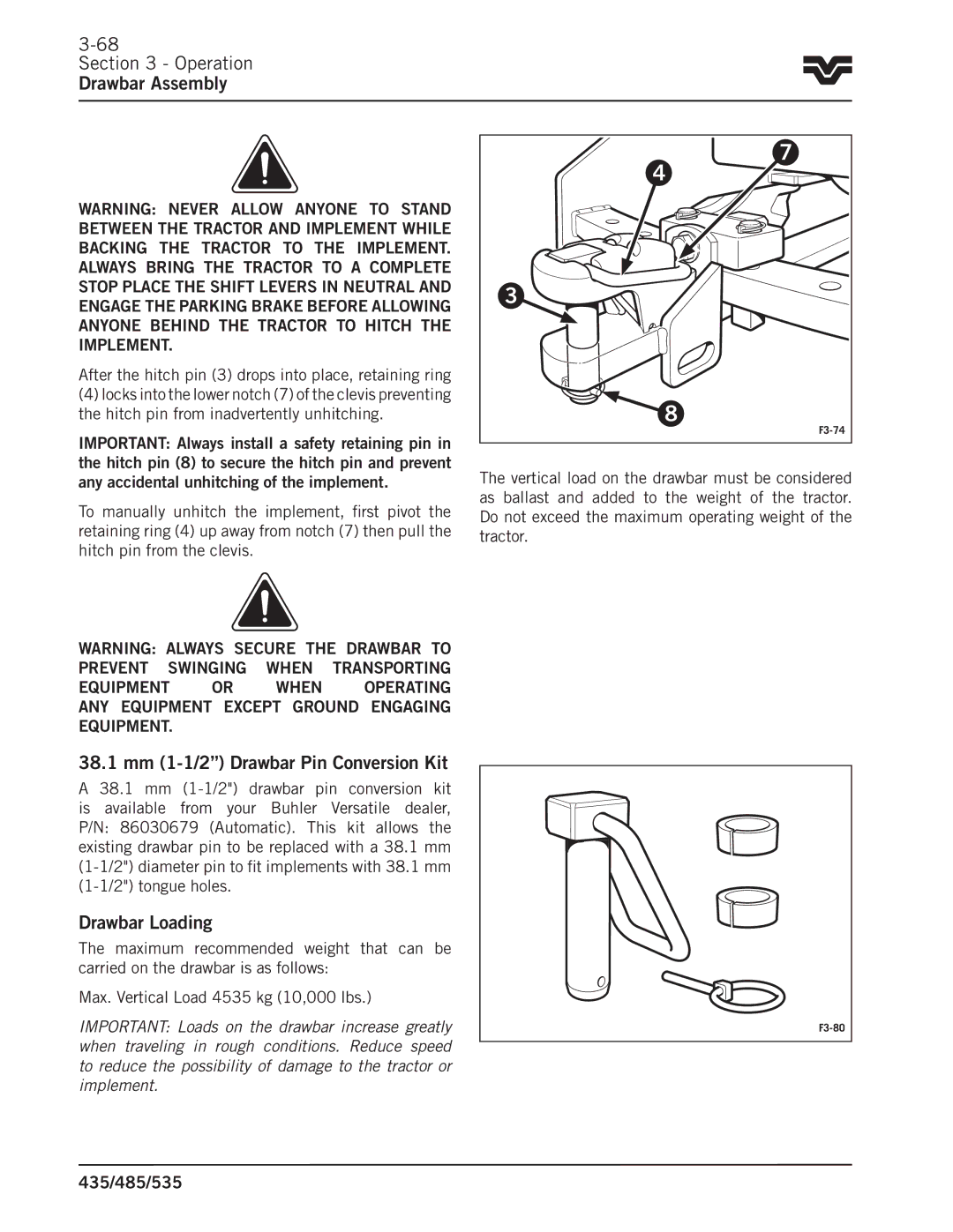 Buhler 535, 485, 435 manual 38.1 mm 1-1/2 Drawbar Pin Conversion Kit, Drawbar Loading 