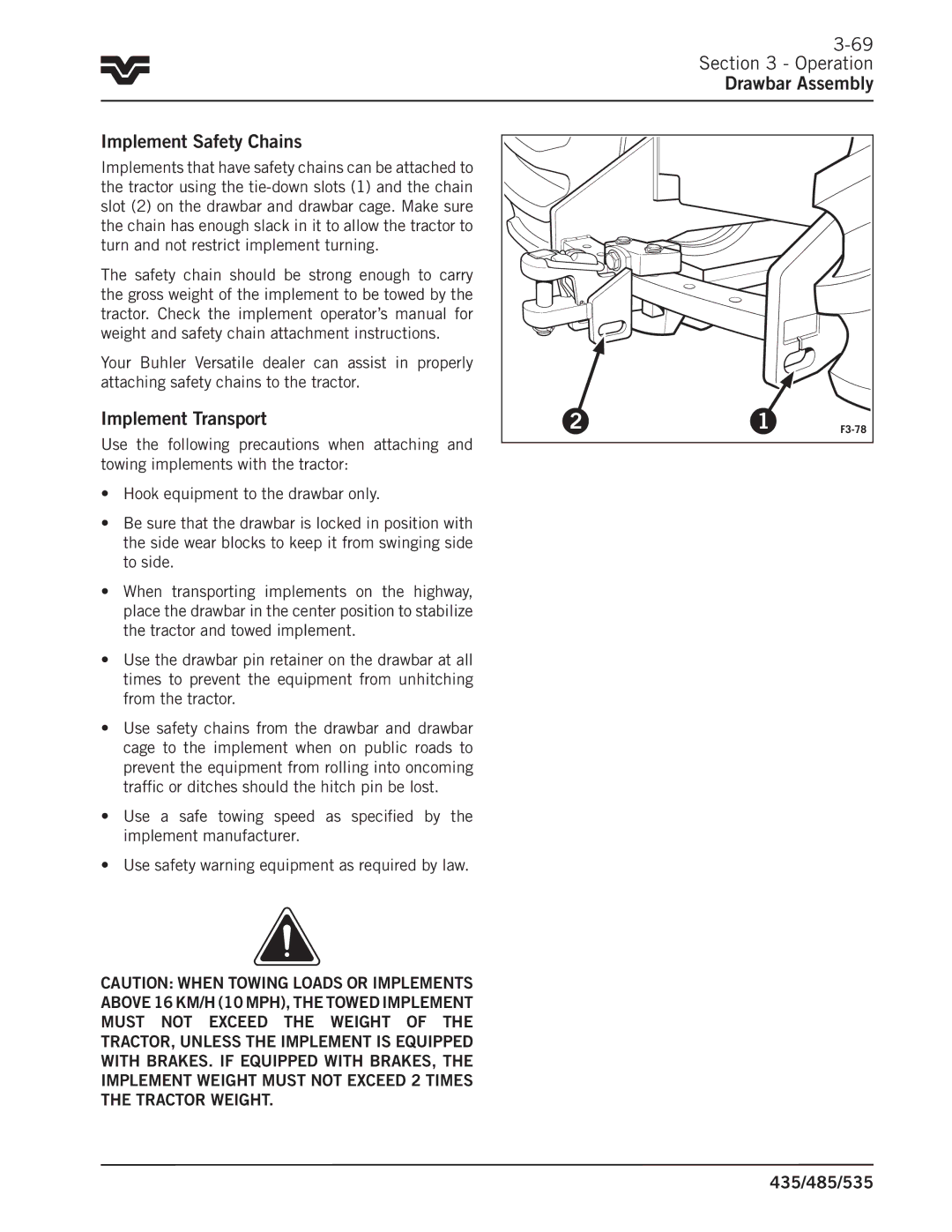 Buhler 435, 485, 535 manual Operation Drawbar Assembly Implement Safety Chains, Implement Transport 