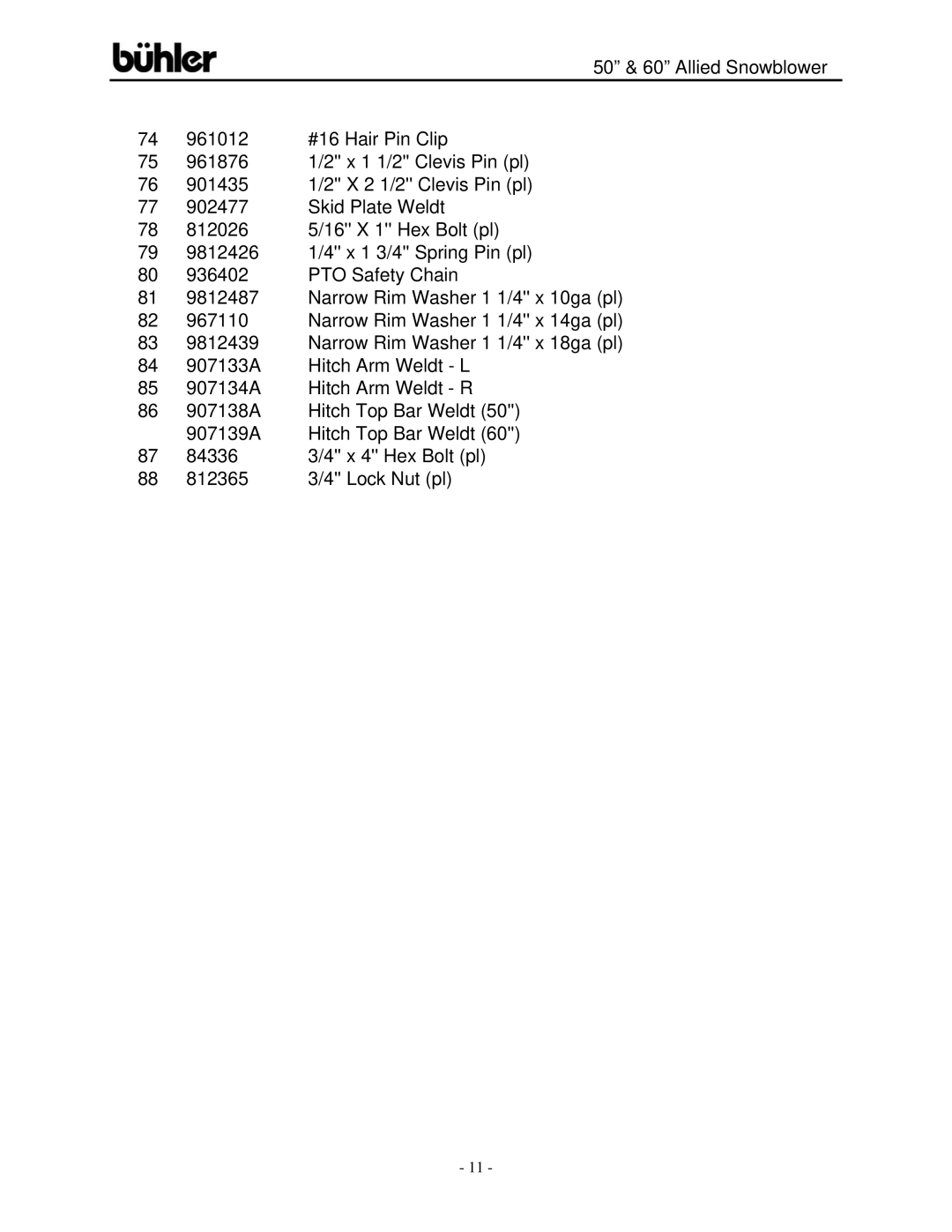 Buhler 50-inch, 60-inch, FK312 warranty 