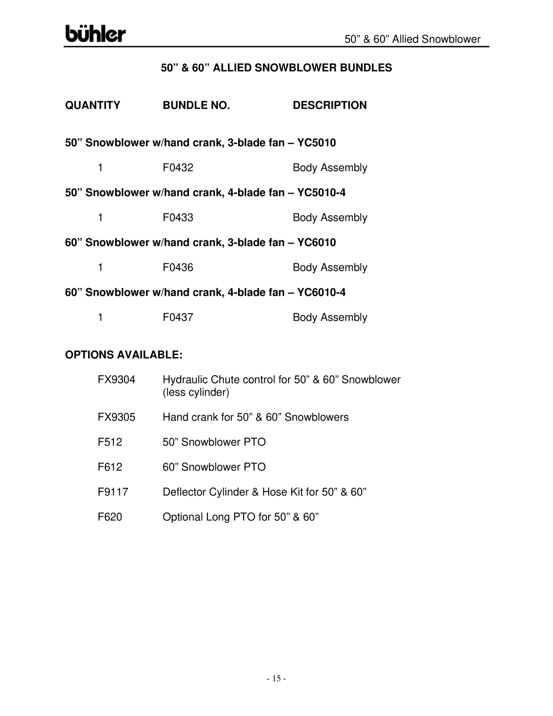 Buhler 50-inch, 60-inch, FK312 Snowblower w/hand crank, 3-blade fan YC5010, Snowblower w/hand crank, 4-blade fan YC5010-4 