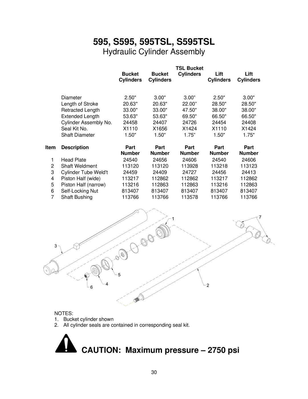 Buhler 595, S595, 595TSL, S595TSL, Hydraulic Cylinder Assembly, TSL Bucket Cylinders Lift, Description Part Number 