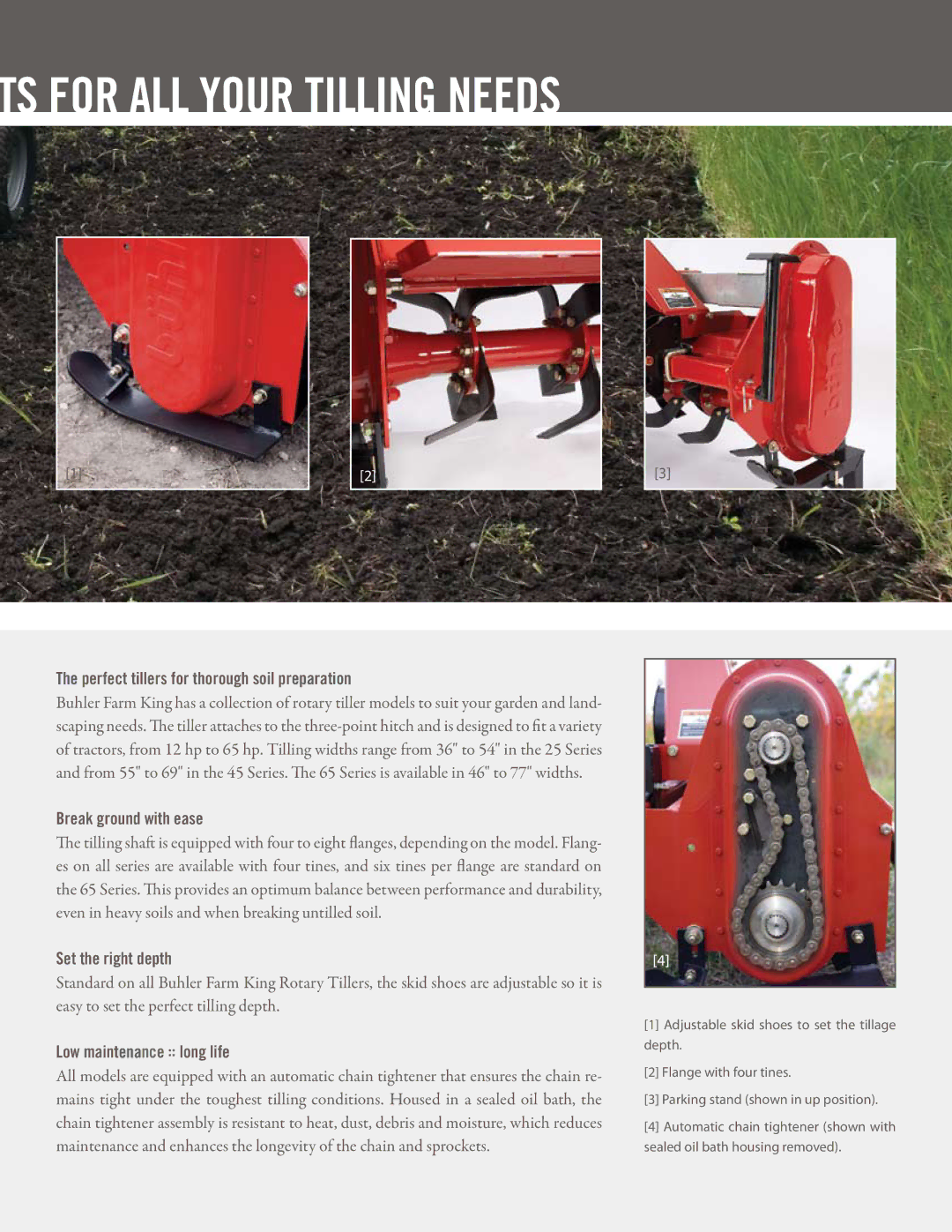 Buhler 24, 65 manual Perfect tillers for thorough soil preparation, Break ground with ease, Set the right depth 