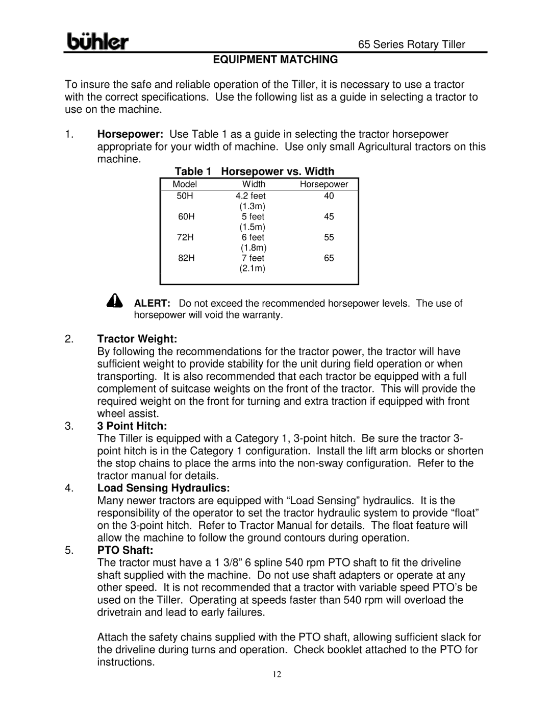 Buhler 65 Series warranty Equipment Matching 