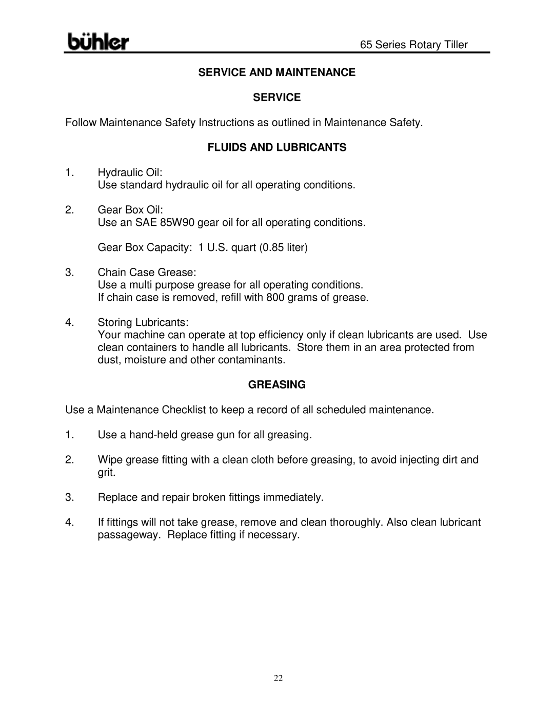 Buhler 65 Series warranty Service and Maintenance, Fluids and Lubricants, Greasing 