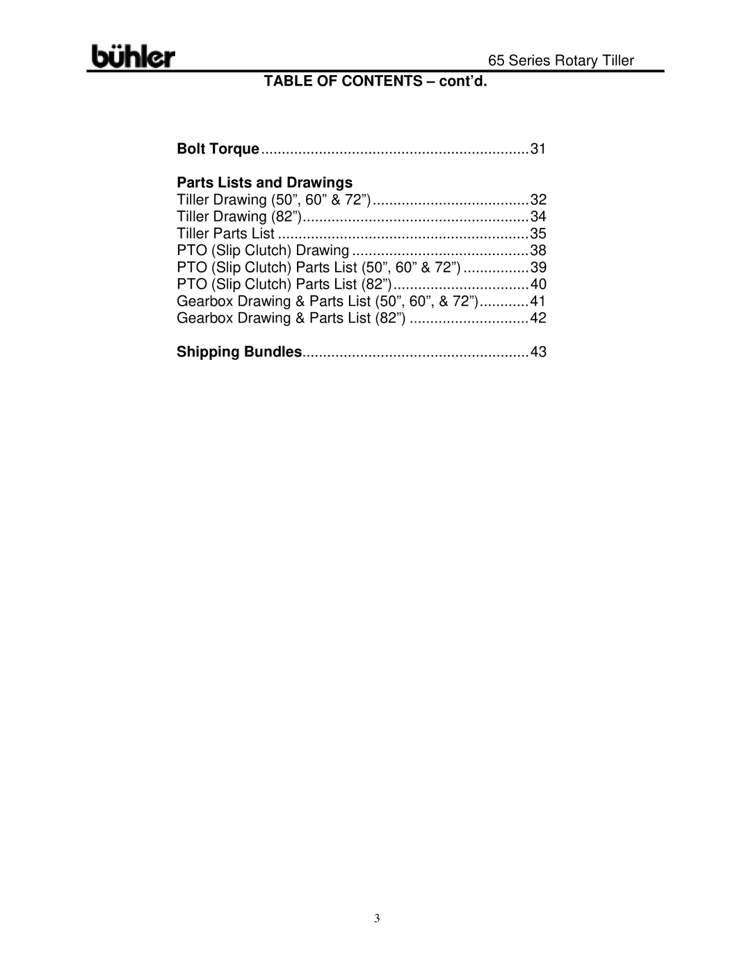 Buhler 65 Series warranty Table of Contents cont’d, Parts Lists and Drawings 