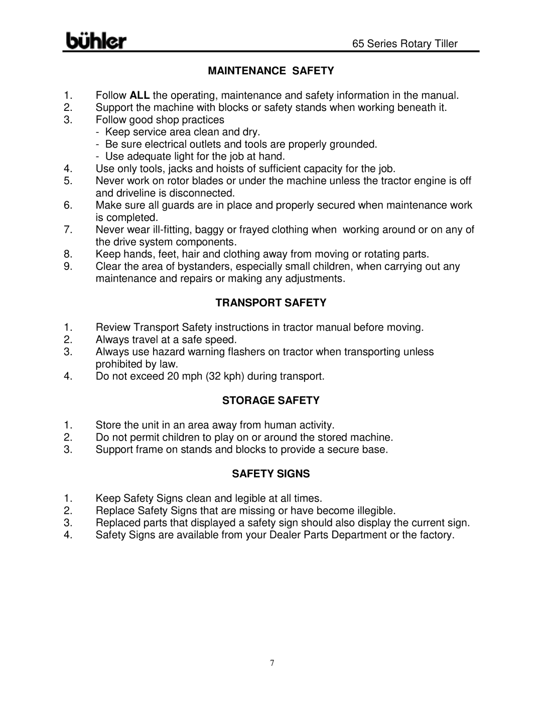 Buhler 65 Series warranty Maintenance Safety, Transport Safety, Storage Safety, Safety Signs 