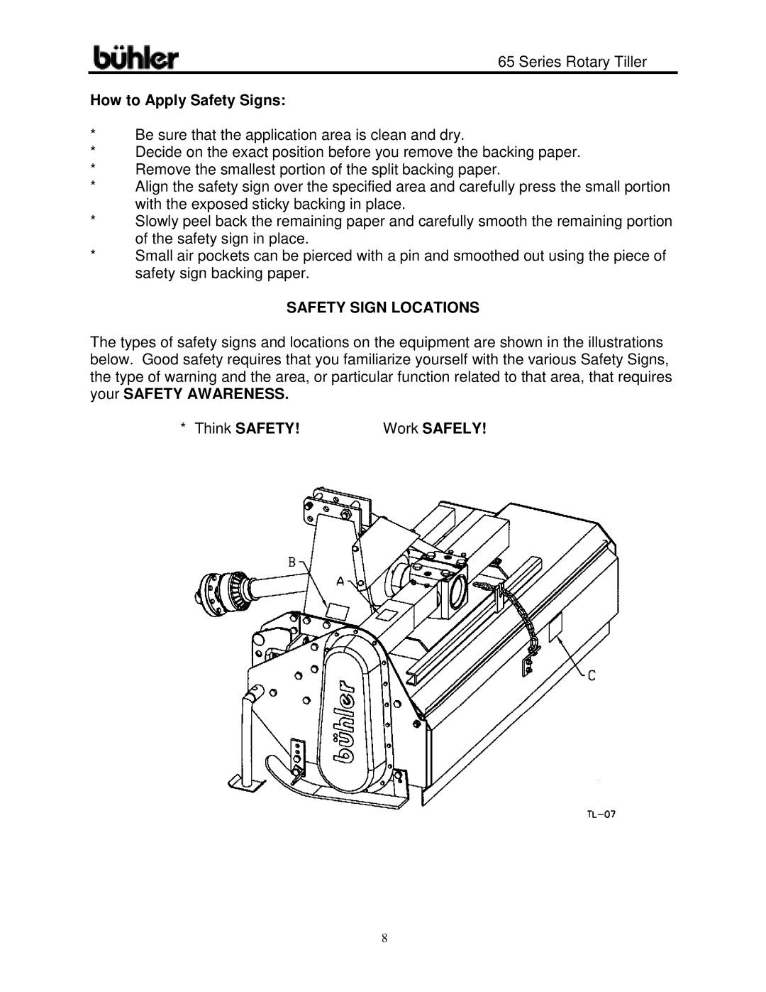 Buhler 65 Series warranty How to Apply Safety Signs, Safety Sign Locations, Work Safely 