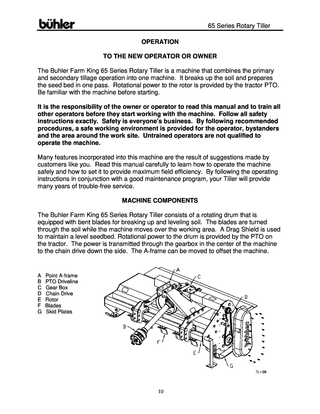 Buhler 65 Series warranty Operation To The New Operator Or Owner, Machine Components 