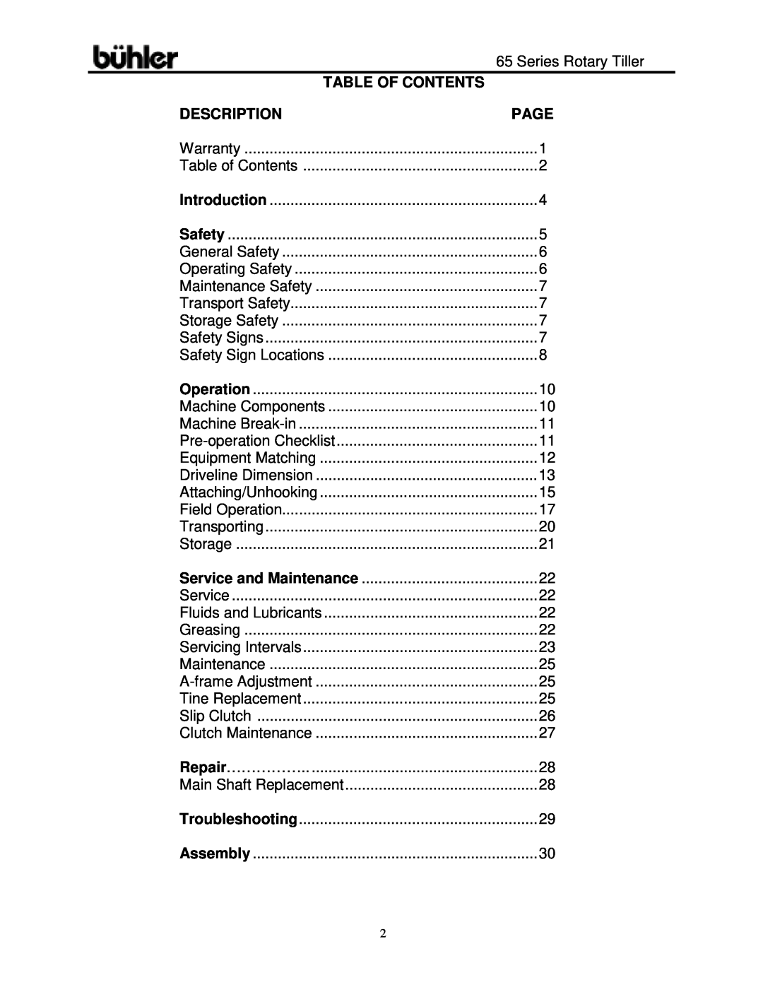 Buhler 65 Series warranty Table Of Contents, Description, Page 
