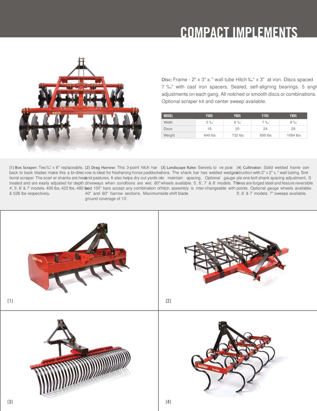 Buhler C8800, C8313, C72ss, C8317, C60ss, C84ss, C8801, C8315 manual Compact implements, Cultivator Solid welded frame con 