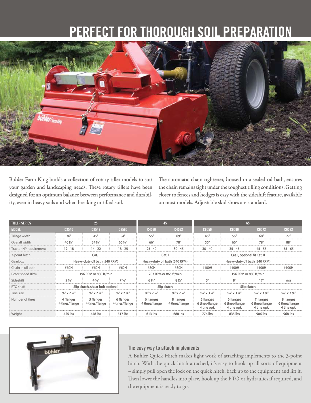 Buhler C60ss, C8313, C72ss, C8317, C84ss, C8800, C8801 perfect for thorough soil preparation, The easy way to attach implements 