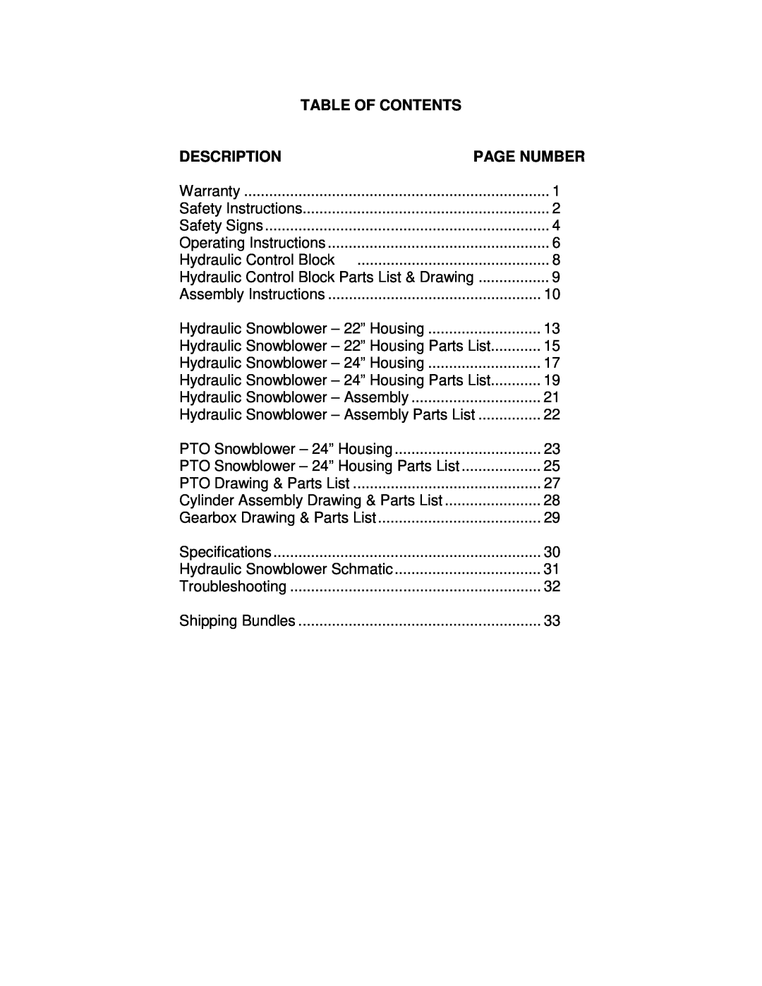 Buhler Commercial Snowblower warranty Table Of Contents, Description 