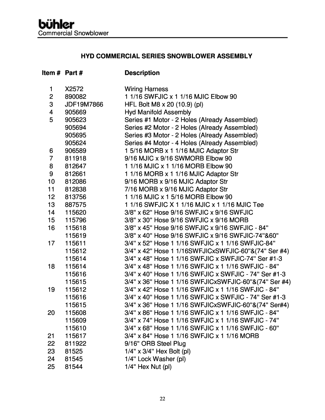 Buhler Commercial Snowblower warranty Hyd Commercial Series Snowblower Assembly, Item #, Description 