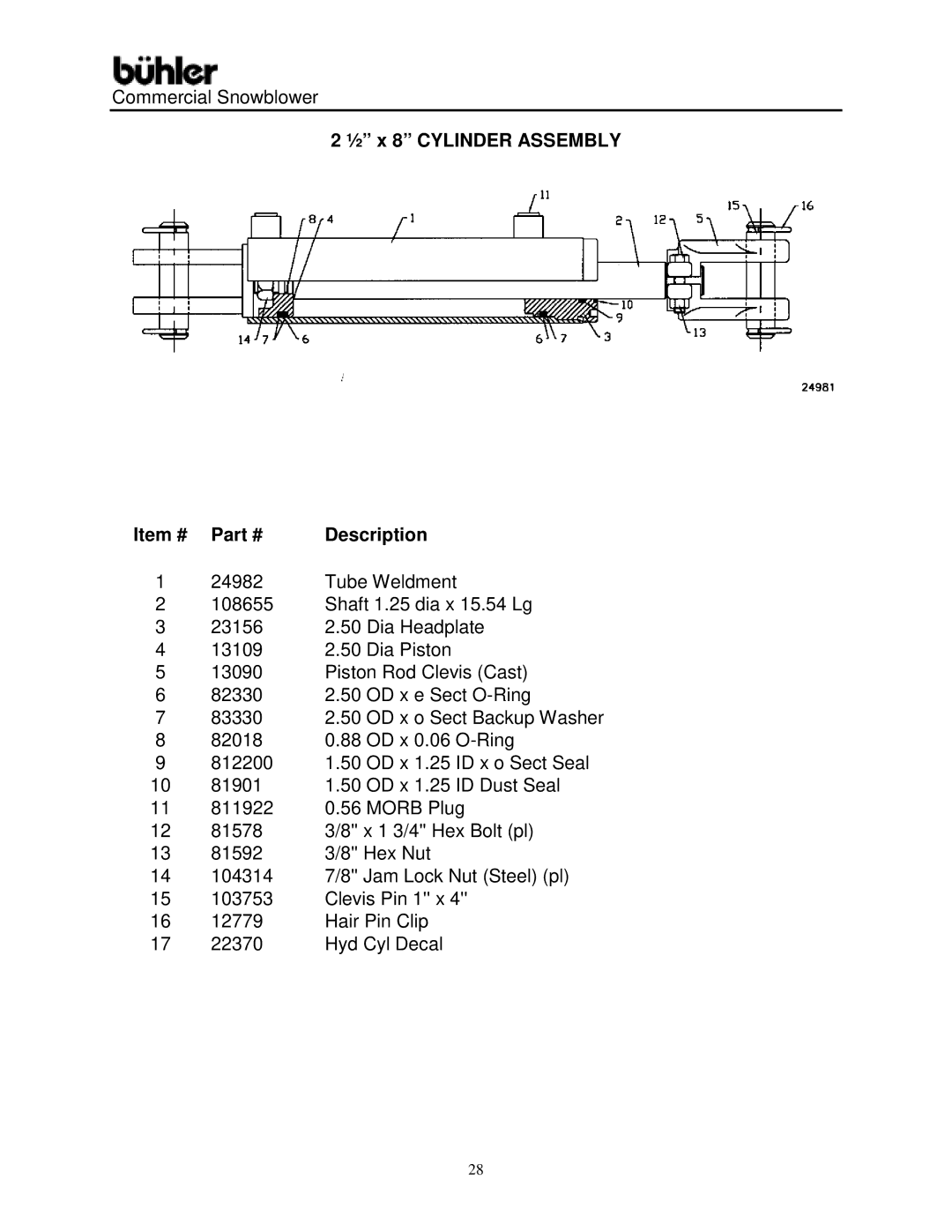 Buhler Commercial Snowblower warranty ½ x 8 Cylinder Assembly Item # Description 