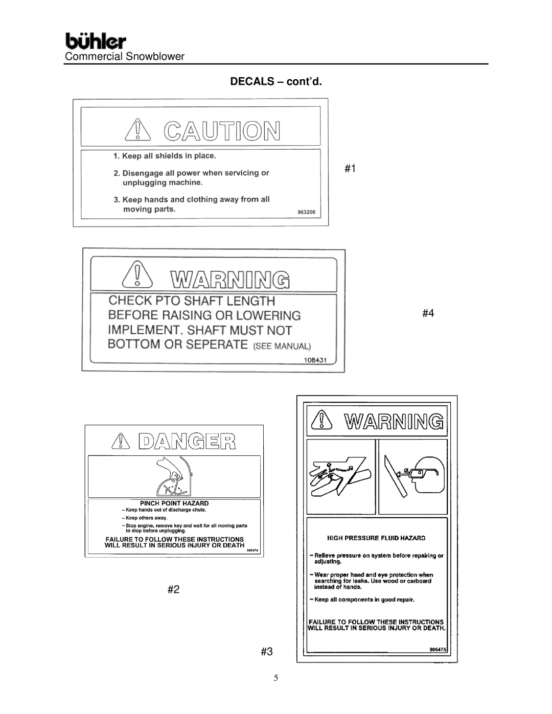 Buhler Commercial Snowblower warranty Decals cont’d 