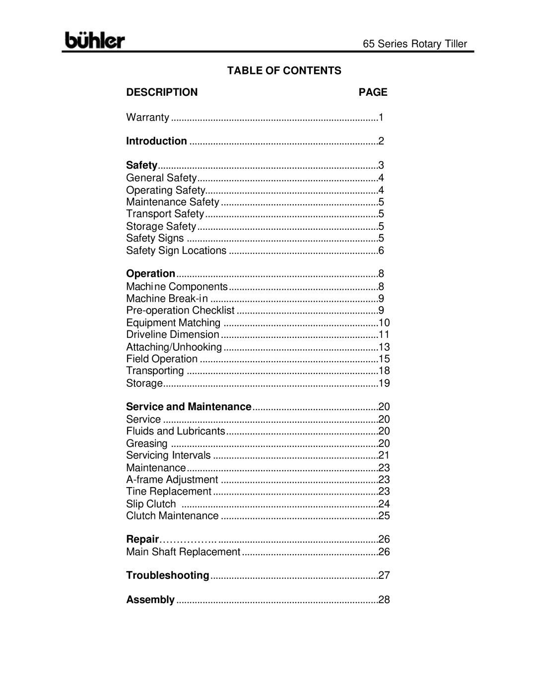 Buhler FK302 warranty Table of Contents Description 