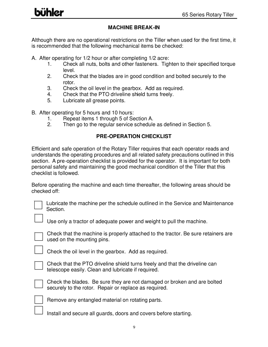 Buhler FK302 warranty Machine BREAK-IN, PRE-OPERATION Checklist 