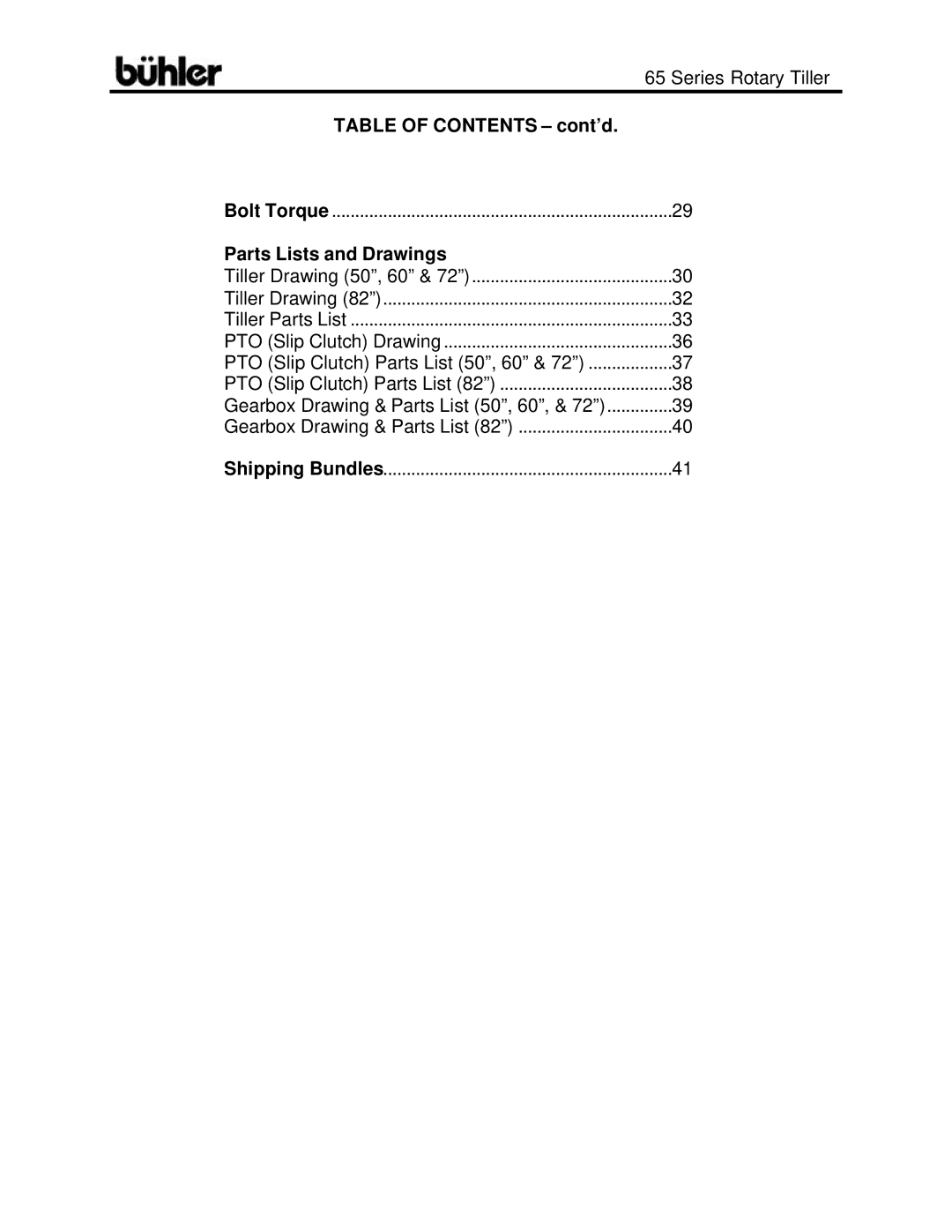 Buhler FK302 warranty Table of Contents cont’d, Parts Lists and Drawings 