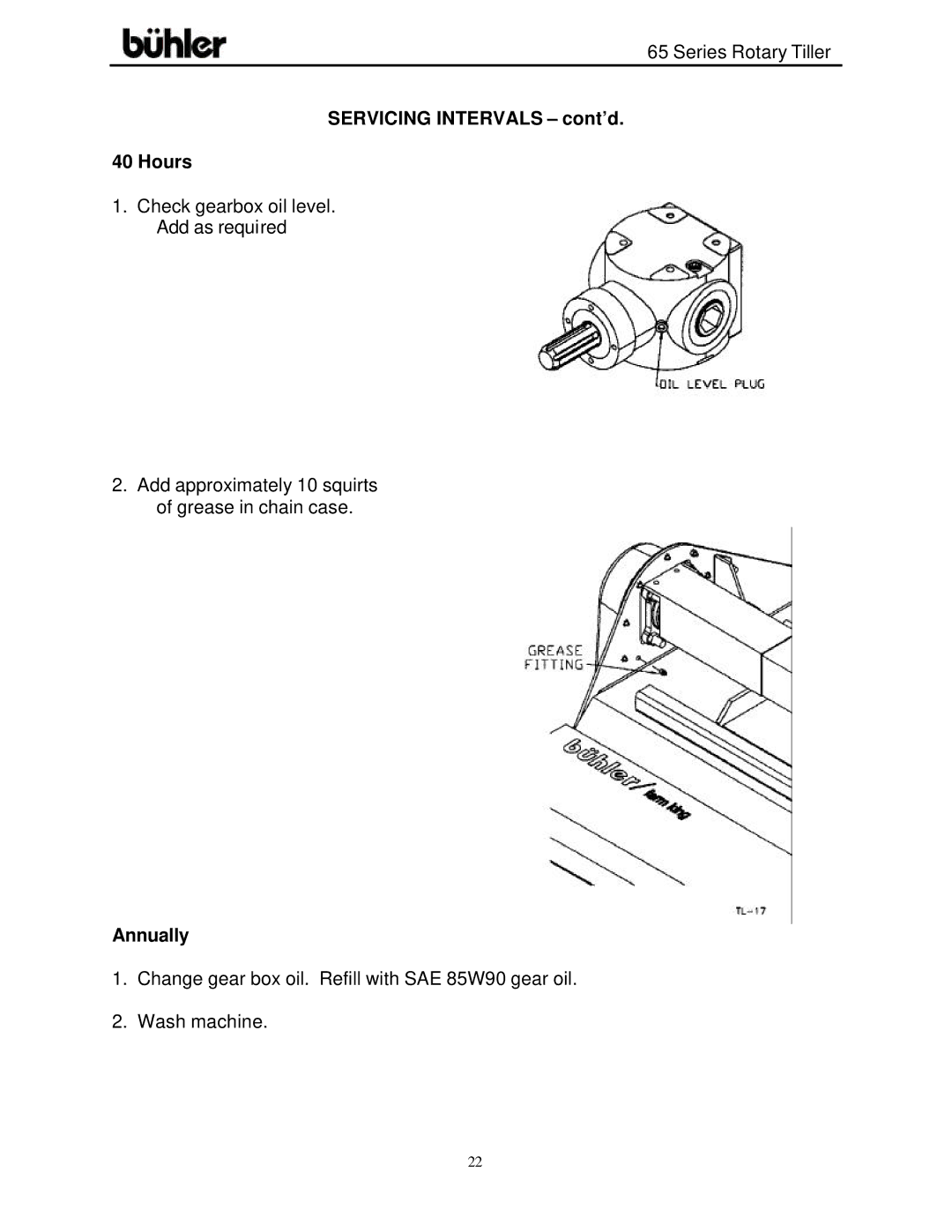 Buhler FK302 warranty Servicing Intervals cont’d Hours, Annually 