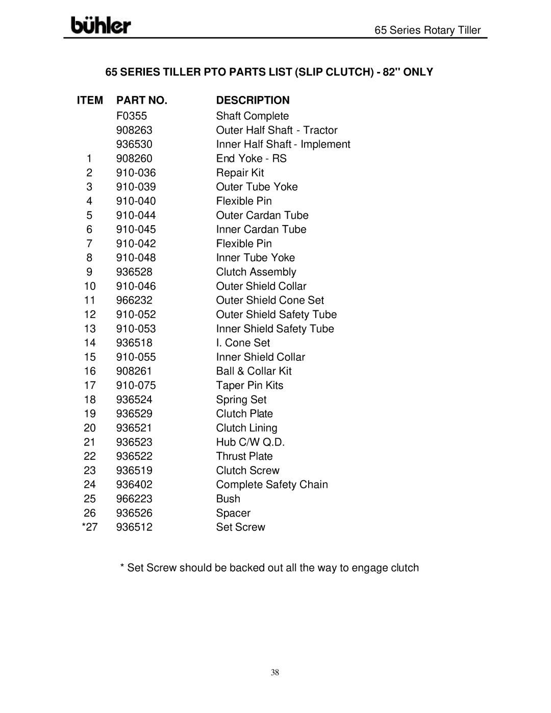 Buhler FK302 warranty Series Tiller PTO Parts List Slip Clutch 82 only Description 