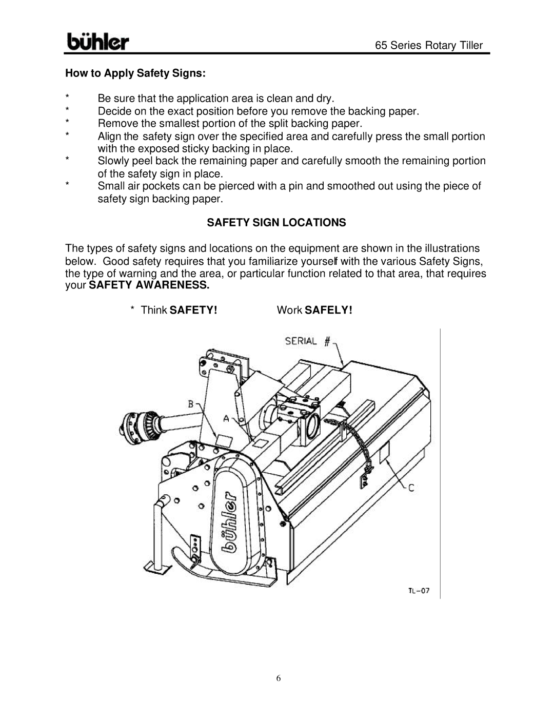 Buhler FK302 warranty How to Apply Safety Signs, Safety Sign Locations, Work Safely 