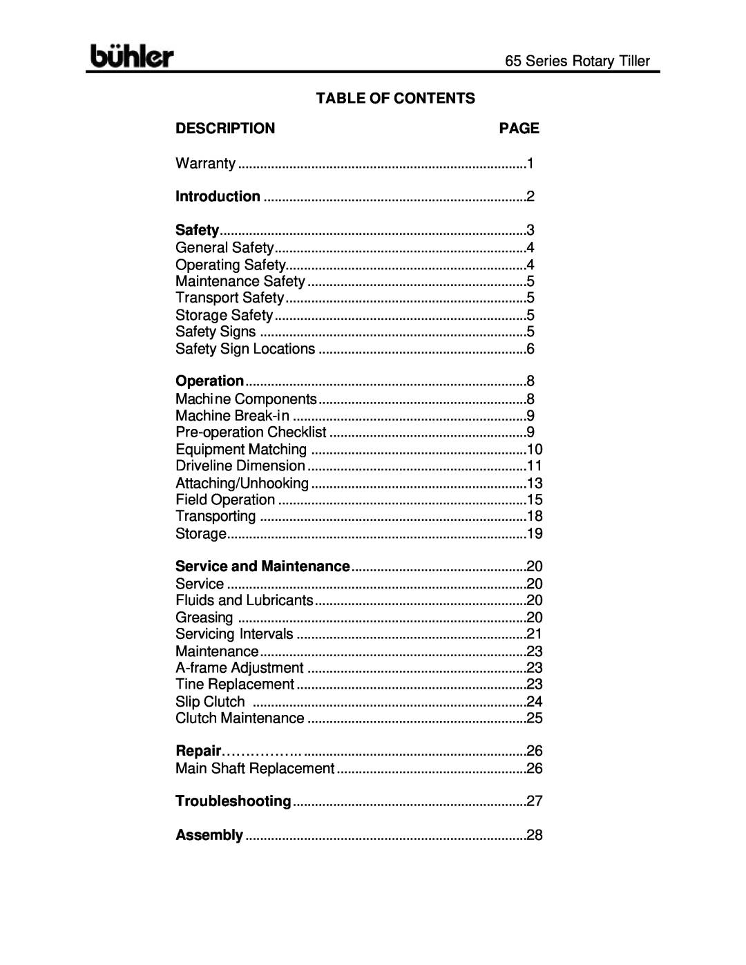 Buhler FK302 warranty Table Of Contents, Description, Page 