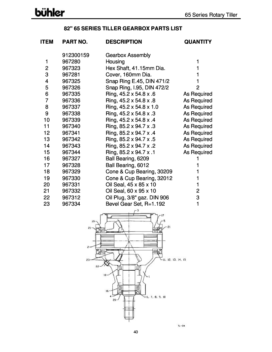 Buhler FK302 warranty 82 65 SERIES TILLER GEARBOX PARTS LIST, Description, Quantity 
