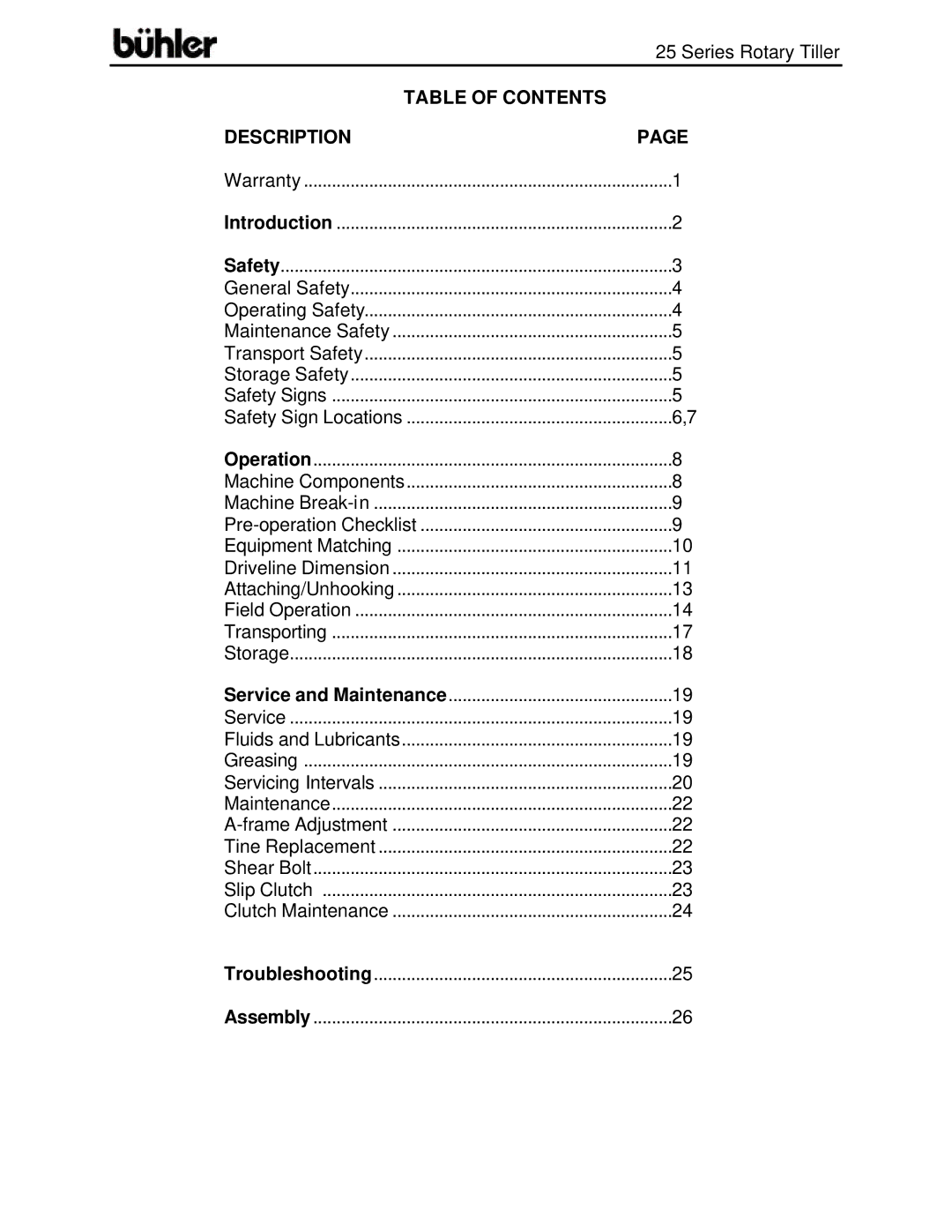 Buhler FK303 warranty Table of Contents Description 