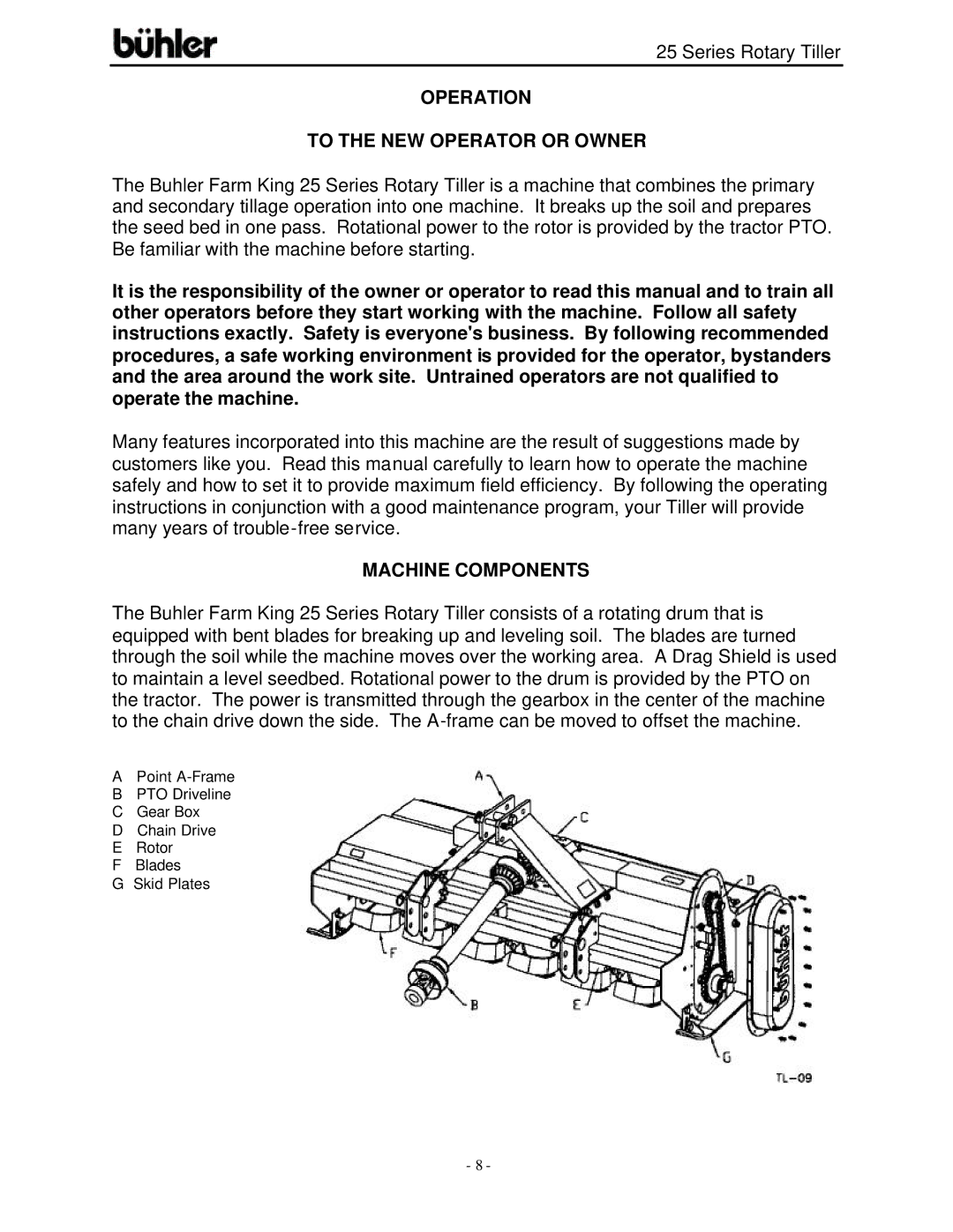 Buhler FK303 warranty Operation To the NEW Operator or Owner, Machine Components 