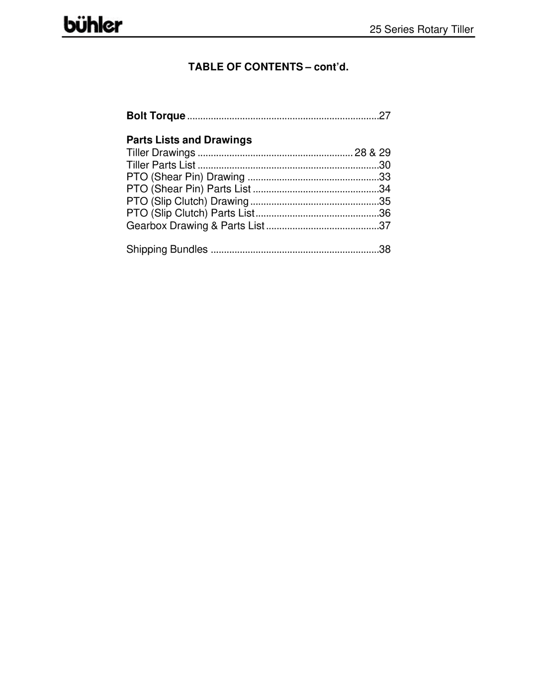 Buhler FK303 warranty Table of Contents cont’d, Parts Lists and Drawings 