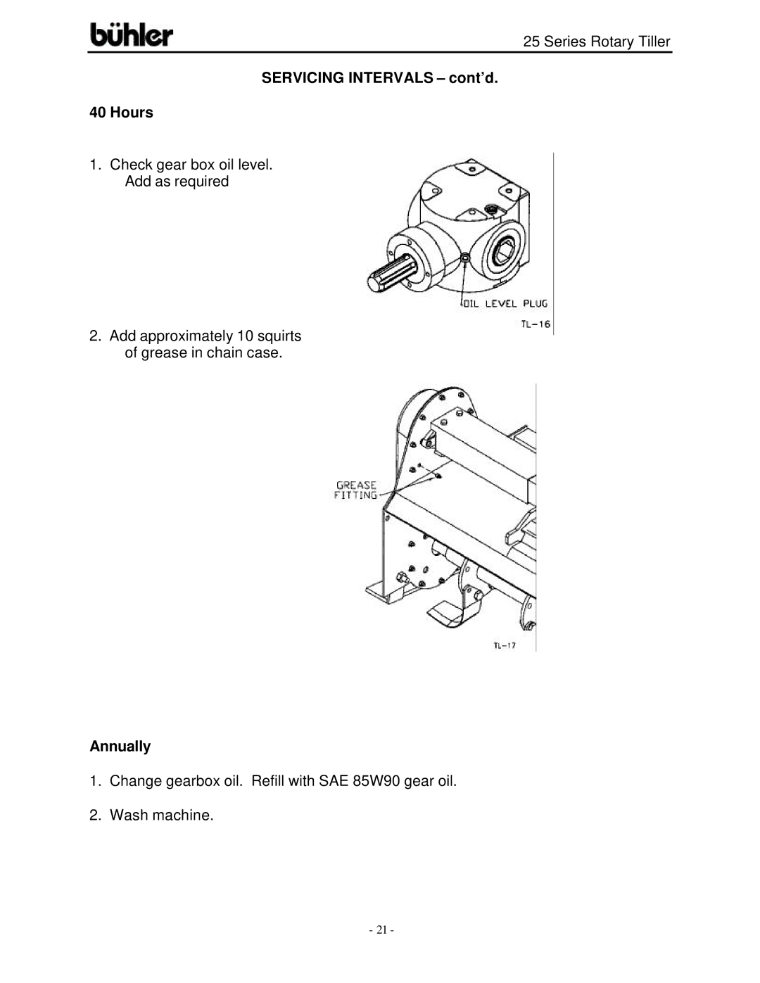 Buhler FK303 warranty Servicing Intervals cont’d Hours, Annually 