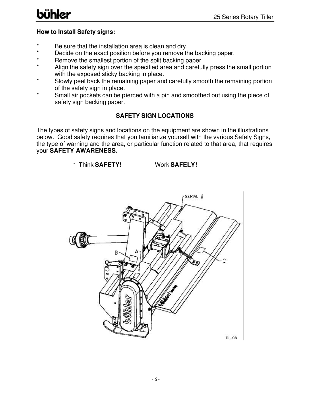 Buhler FK303 warranty How to Install Safety signs, Safety Sign Locations, Work Safely 