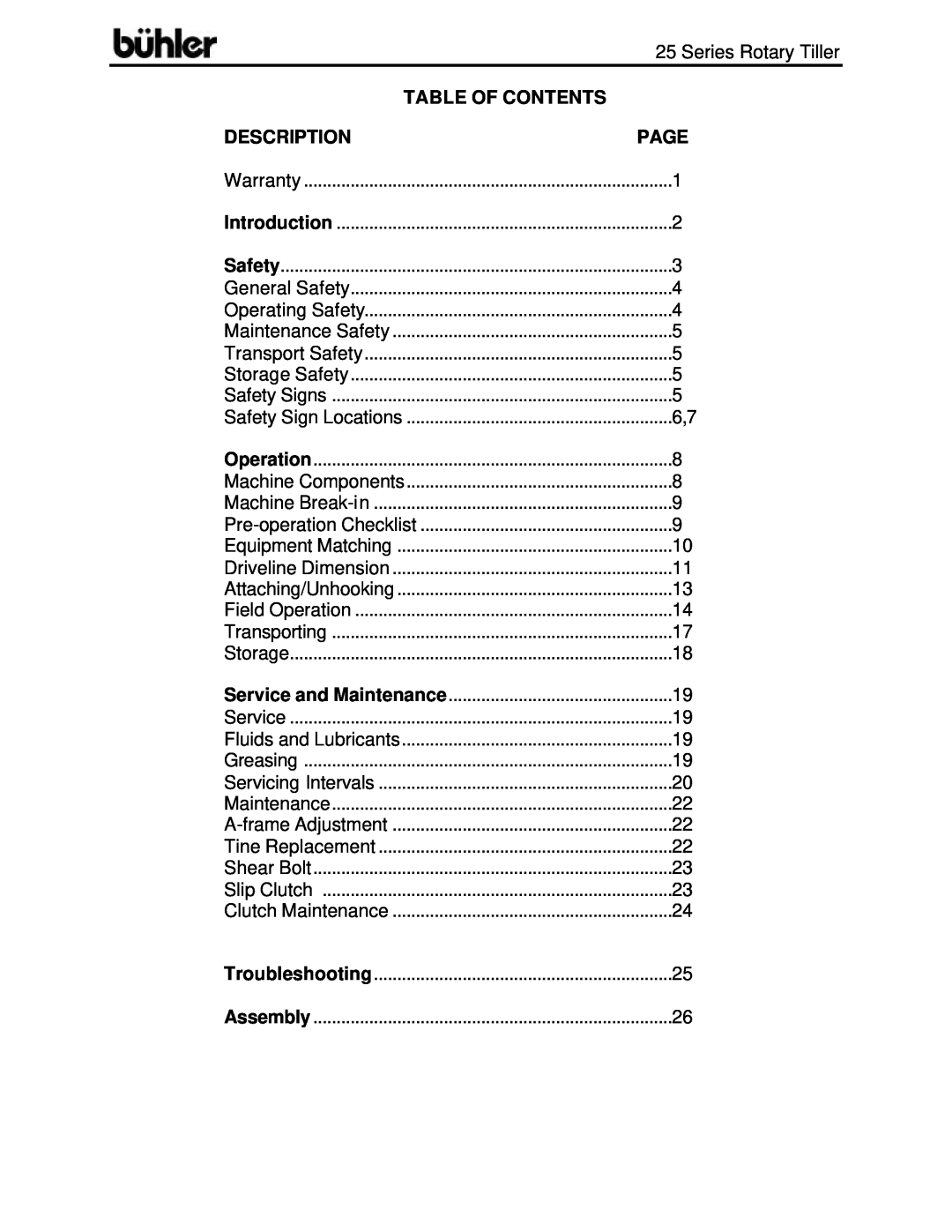Buhler FK303 warranty Table Of Contents, Description, Page 