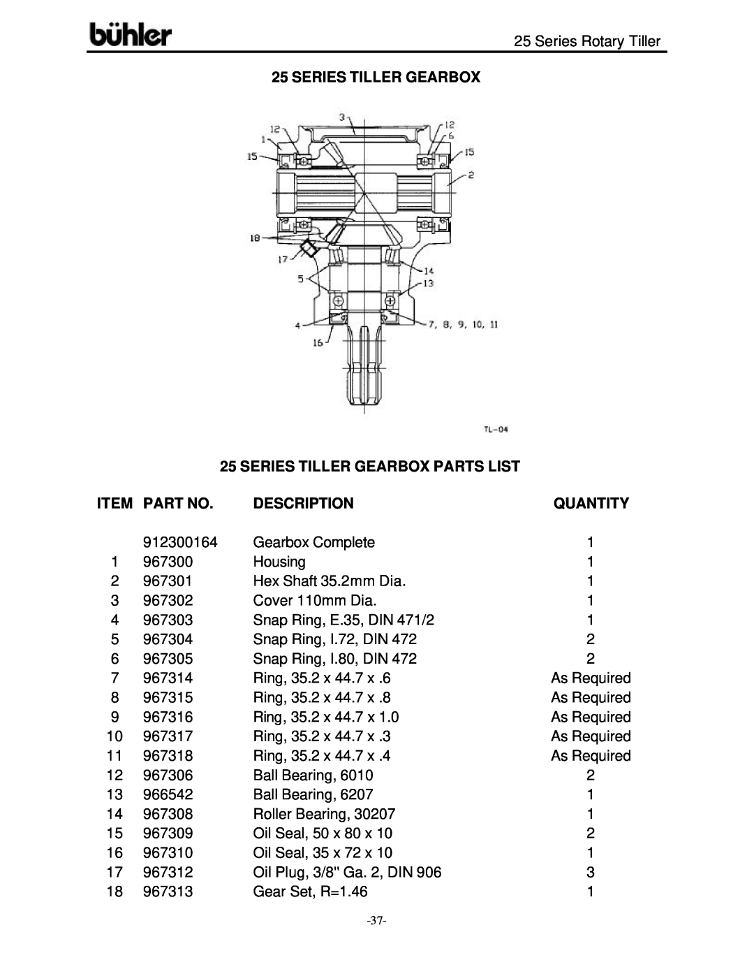 Buhler FK303 warranty Series Tiller Gearbox Parts List, Quantity, Description 