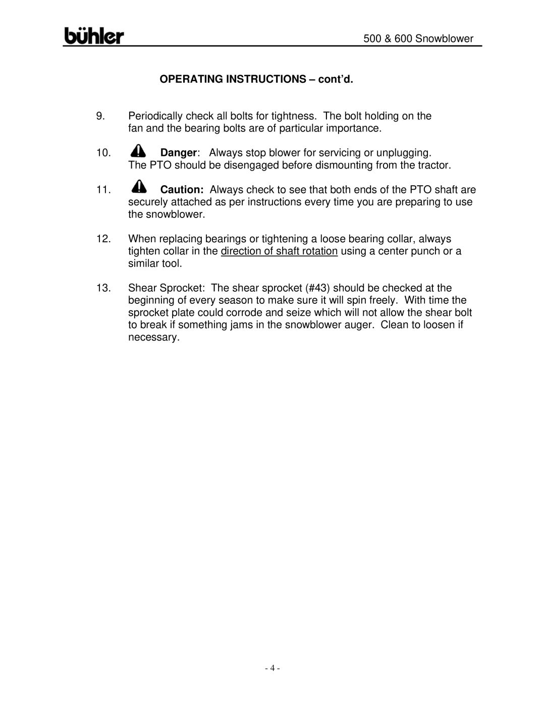 Buhler FK311 warranty Operating Instructions cont’d 