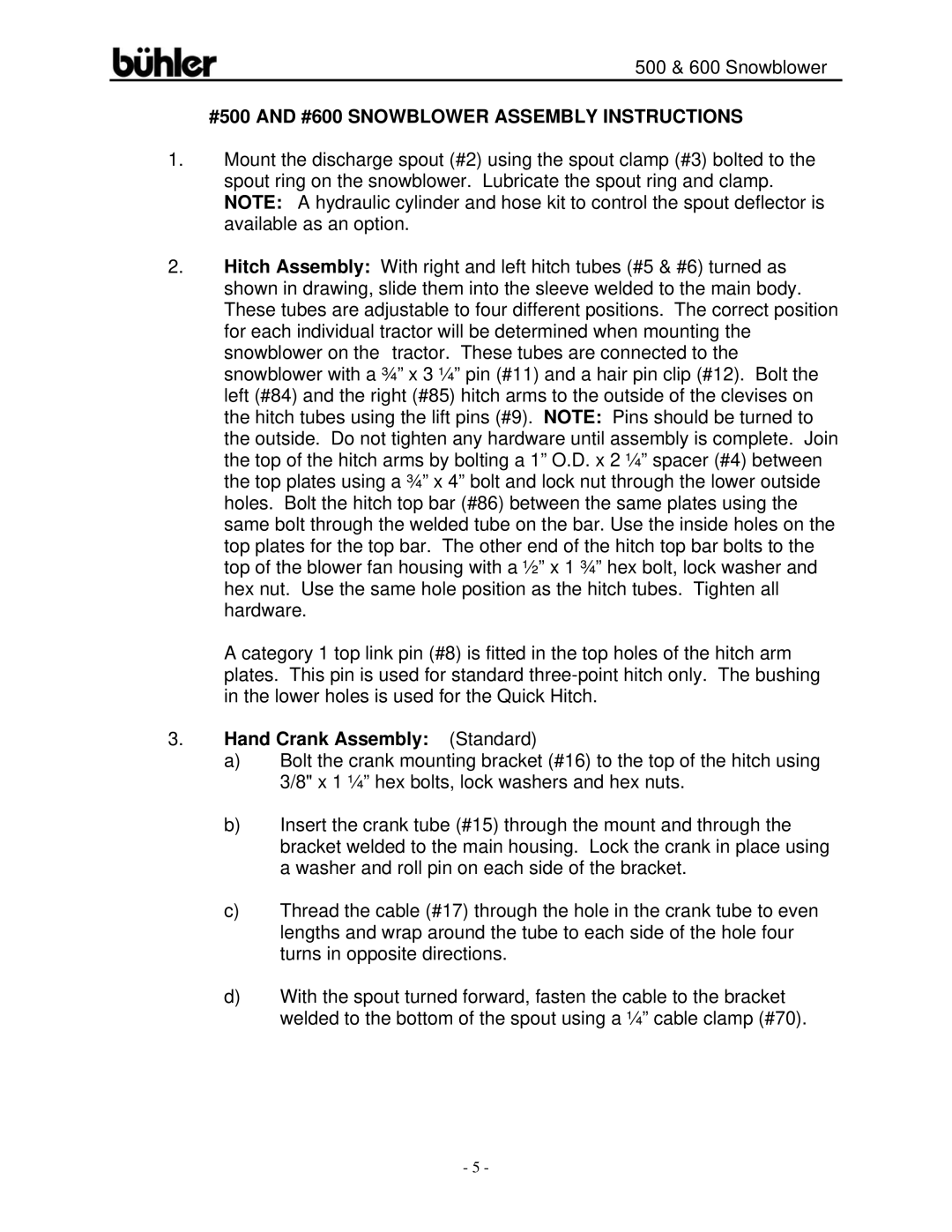 Buhler FK311 warranty #500 and #600 Snowblower Assembly Instructions, Hand Crank Assembly Standard 