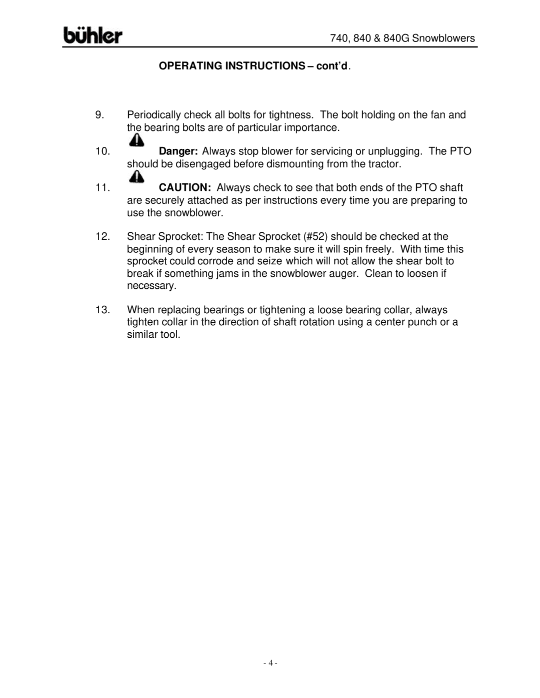 Buhler FK313, FK314 warranty Operating Instructions cont’d 