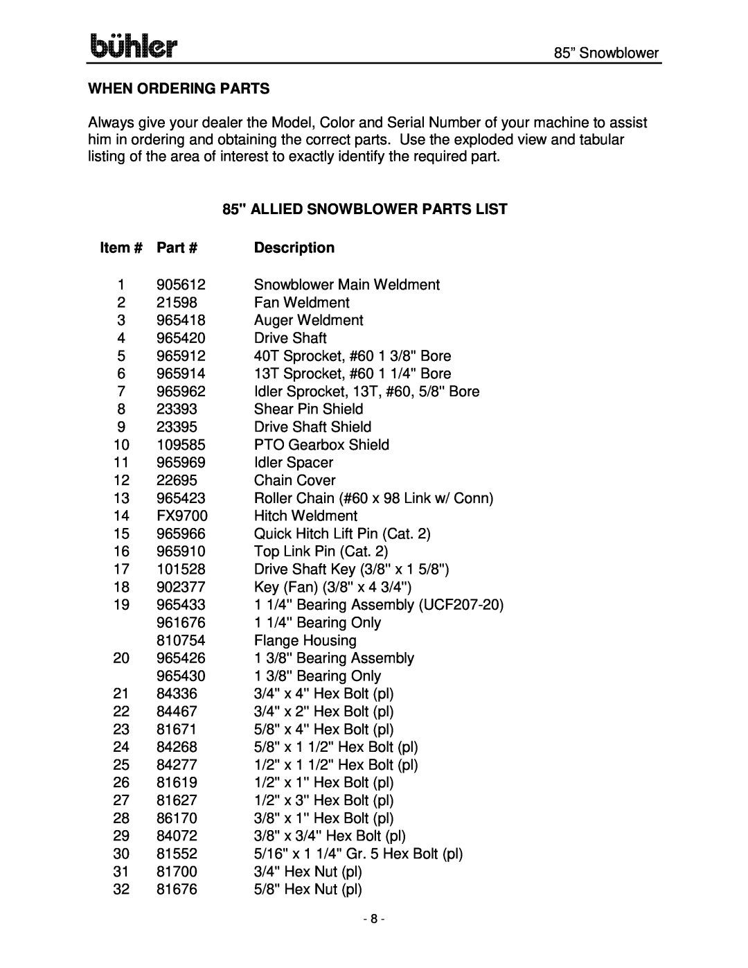 Buhler FK314 manual When Ordering Parts, Item #, Description, Allied Snowblower Parts List 