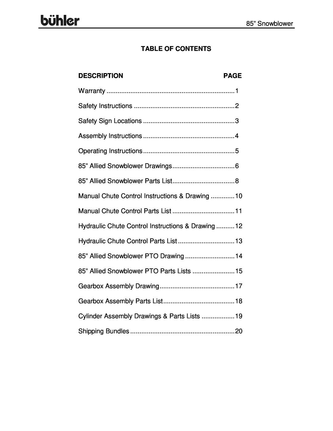 Buhler FK314 Table Of Contents, Description, Page, 85” Snowblower, Warranty, Safety Instructions, Safety Sign Locations 