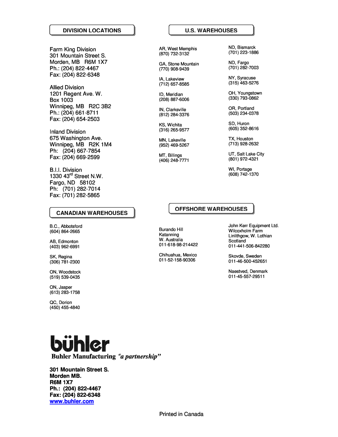 Buhler FK314 Buhler Manufacturing “a partnership”, Division Locations, Ph. 204 Fax 204 Inland Division 675 Washington Ave 