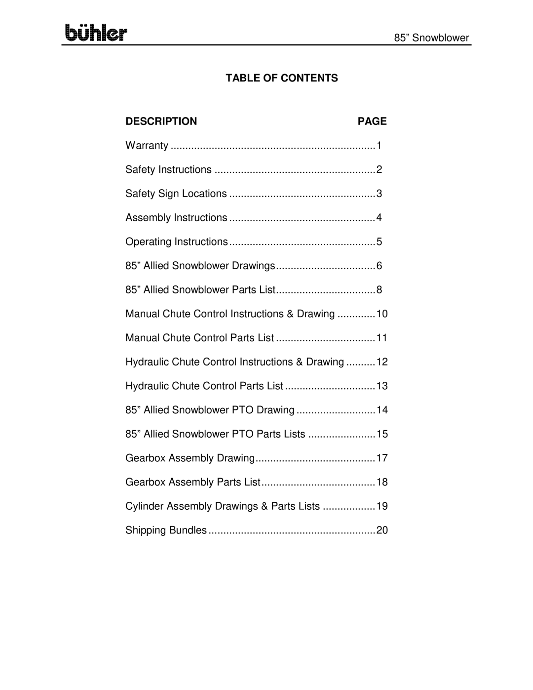 Buhler FK314 manual Table of Contents Description 